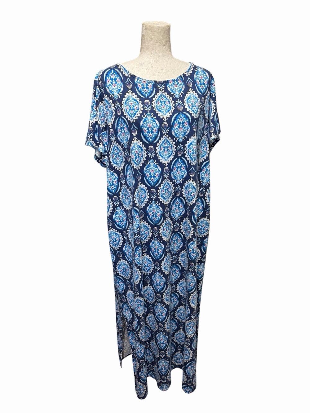 J Jill Cap Sleeve Maxi Dress Geo Print Blue Side Slit Cotton Stretch Plus Sz 2X